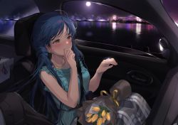 Rule 34 | 1girl, aqua dress, blue hair, blush, car interior, dress, flower, hands up, highres, horizon, idolmaster, idolmaster million live!, idolmaster million live! theater days, jewelry, kitakami reika, long hair, necklace, night, nys, reflection, ring, shadow, solo, tulip, upper body, yellow flower