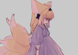 Rule 34 | 1girl, alternate costume, animal ears, arknights, arms at sides, artist name, black bow, black hairband, blonde hair, blush, bow, chromatic aberration, closed mouth, collared dress, cowboy shot, dress, fox ears, fox girl, fox tail, from side, green eyes, hair bow, hairband, highres, kitsune, long sleeves, looking down, multiple tails, niwatori (akira 207), profile, puffy long sleeves, puffy sleeves, purple dress, sad, simple background, sleeve cuffs, sleeves past elbows, solo, suzuran (arknights), tail, tearing up, watermark