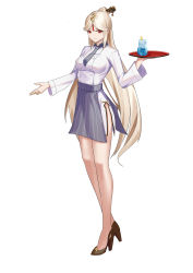 Rule 34 | 1girl, absurdres, alternate costume, bare legs, black footwear, black necktie, blonde hair, breasts, closed mouth, cup, drink, drinking glass, full body, genshin impact, grey skirt, hair ornament, hair stick, high-waist skirt, high heels, highres, holding, holding tray, large breasts, long hair, long sleeves, looking at viewer, necktie, ningguang (genshin impact), parted bangs, red eyes, shirt, skirt, smile, solo, standing, striped clothes, striped skirt, tassel, tray, vertical-striped clothes, vertical-striped skirt, very long hair, waitress, white shirt, youye (rusk8588)