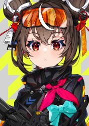Rule 34 | 1girl, absurdres, black jacket, blue bow, blush, bow, brown hair, double bun, eyelashes, goggles, goggles on head, grey background, gun, hair bun, high collar, highres, jacket, looking at viewer, multicolored hair, neckerchief, original, parted lips, pupy exe, red eyes, red neckerchief, short hair, solo, streaked hair, two-tone background, two-tone hair, upper body, weapon, white hair, yellow background