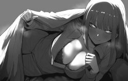 Rule 34 | 1girl, absurdres, blush, bra, breasts, chainsaw man, closed mouth, greyscale, highres, large breasts, long hair, long sleeves, looking at viewer, lying, makima (chainsaw man), masoq, monochrome, on bed, on side, open clothes, open shirt, pants, ringed eyes, smile, solo, under covers, underwear
