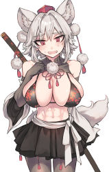 Rule 34 | 1girl, abs, animal ear fluff, animal ears, bare shoulders, bikini, black gloves, black pantyhose, breasts, commentary request, cowboy shot, detached sleeves, elbow gloves, gloves, hair between eyes, hand on own chest, highres, inubashiri momiji, katana, large breasts, long sleeves, looking at viewer, navel, pantyhose, sheath, sheathed, short hair, silver hair, simple background, solo, swimsuit, sword, touhou, tsukeo, weapon, white background, wide sleeves, wolf ears
