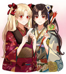 Rule 34 | 2girls, absurdres, arrow (projectile), black hair, black ribbon, blonde hair, bow, ereshkigal (fate), fate/grand order, fate (series), floral print, floral print kimono, flower, gradient background, hair bow, hair flower, hair ornament, hamaya, hand on another&#039;s shoulder, highres, infinity symbol, ishtar (fate), japanese clothes, jewelry, kimono, long hair, looking at viewer, multiple girls, nakanohiro, new year, omikuji, parted lips, print kimono, red bow, red eyes, red kimono, ribbon, simple background, smile, two side up, upper body, white kimono, wide sleeves