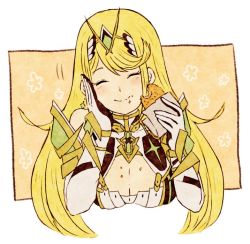 Rule 34 | 1girl, asozan (cocomil), blonde hair, blush, breasts, cleavage, dress, closed eyes, food, gloves, jewelry, large breasts, long hair, mythra (xenoblade), nintendo, simple background, smile, solo, xenoblade chronicles (series), xenoblade chronicles 2, xenoblade chronicles (series), xenoblade chronicles 2