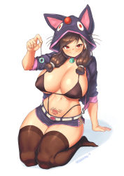 Rule 34 | 1girl, bikini, black bikini, black thighhighs, blush, breasts, brown hair, cleavage, closed mouth, collar, dice, full body, highres, hood, hoodie, huge breasts, looking at viewer, microskirt, navel, nestkeeper, original, red eyes, seiza, simple background, sitting, skirt, smile, solo, stomach tattoo, swimsuit, tattoo, thick thighs, thighhighs, thighs, twintails, white background