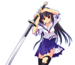 Rule 34 | 1girl, kobayashi chisato, long hair, original, school uniform, serafuku, solo, sword, thighhighs, torn clothes, torn thighhighs, weapon, zettai ryouiki