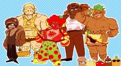 Rule 34 | 5boys, :/, :d, abs, absurdres, amber (sugarovin), bara, bare pectorals, belly, black male swimwear, blonde hair, brown pants, brown shorts, brown tank top, bulge, buzz cut, cheese, cheese print, cheese toppin (pizza tower), clenched teeth, clown, clown nose, dark-skinned male, dark skin, facial hair, food, food print, freckles, frown, fruit, genderswap, genderswap (ftm), goatee, hand on own hip, height difference, highres, juice, large feet, large pectorals, makeup, male focus, male swimwear, midriff, multiple boys, muscular, muscular male, mushroom, mushroom print, mushroom toppin (pizza tower), navel, navel hair, nipples, open clothes, open mouth, open shirt, pants, pectoral cleavage, pectorals, personification, pineapple, pineapple toppin (pizza tower), pizza topping, pizza tower, plump, print pants, red hair, reference inset, sausage, sausage toppin (pizza tower), see-through, shirt, shoes, short hair, shorts, sideburns, sidepec, sketch, smile, sneakers, stomach, sunglasses, suspenders pull, swim briefs, tank top, teeth, thick thighs, thighs, tomato, tomato juice, tomato toppin (pizza tower), topless male, torn clothes, torn tank top, very short hair, wet, wet clothes, wet shirt, white tank top, yellow tank top