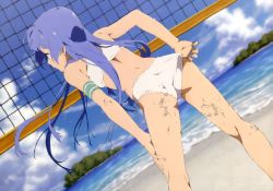 Rule 34 | 1girl, adjusting clothes, adjusting swimsuit, artist request, ass, beach, beach volleyball, bikini, blue hair, blurry, blurry background, buruma, day, dutch angle, female focus, from behind, kannagi, nagi, nature, official art, outdoors, plant, playing sports, sand, sand on skin, sky, solo, sweat, swimsuit, volleyball