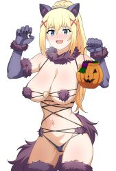 1girl absurdres audirenze blonde_hair blue_eyes blush breasts cosplay darkness_(konosuba) fur-trimmed_gloves fur-trimmed_legwear fur_bikini fur_collar fur_trim gloves halloween_bucket halloween_costume highres kono_subarashii_sekai_ni_shukufuku_wo! large_breasts mash_kyrielight mash_kyrielight_(dangerous_beast) mash_kyrielight_(dangerous_beast)_(cosplay) micro_panties navel o-ring open_mouth panties purple_gloves purple_panties purple_tail purple_thighhighs revealing_clothes solo steam tail thighhighs transparent_background underwear wolf_tail