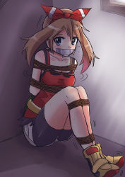 Rule 34 | 1girl, arms behind back, bike shorts, black shorts, blue eyes, bound, breasts, brown hair, cleavage, collarbone, creatures (company), full body, gag, gagged, game freak, hair between eyes, hair ribbon, indoors, jitan777, kidnapped, long hair, looking at viewer, may (pokemon), medium breasts, nintendo, pokemon, pokemon oras, red ribbon, red shirt, restrained, ribbon, shirt, shorts, shorts under shorts, sidelocks, sitting, solo, sweat, tied up, white shorts