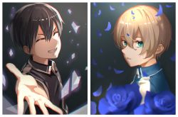 Rule 34 | 2boys, aqua eyes, black hair, black shirt, blonde hair, blue shirt, closed eyes, collared shirt, crying, eugeo, facing viewer, grin, hair between eyes, highres, huge filesize, kirito, male focus, multiple boys, oekaki taro, outstretched arm, outstretched hand, parted lips, reaching, reaching towards viewer, shirt, smile, sword art online, tears, upper body, wing collar