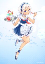 Rule 34 | 1girl, apron, blue dress, blue eyes, detached collar, dress, eating, fish, flower, frilled dress, frills, full body, goshi-san, gradient background, highres, holding, holding spoon, holding tray, maid, maid headdress, original, parfait, sailor collar, short hair, solo, spoon, tan, tray, white apron, white hair, wrist cuffs
