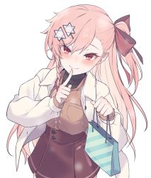 Rule 34 | 1girl, bag, blush, bow, braid, breast pocket, breasts, brown shirt, casual, closed mouth, collared shirt, finger to mouth, girls&#039; frontline, hair between eyes, hair bow, hair ornament, hair ribbon, hairclip, hexagram, high-waist skirt, highres, holding, holding bag, jacket, jingo, long hair, long sleeves, looking at viewer, negev (girls&#039; frontline), one side up, open clothes, open jacket, pink hair, pocket, red bow, red eyes, red ribbon, ribbon, shirt, shushing, simple background, skirt, smile, solo, star of david, undershirt, white background, white jacket