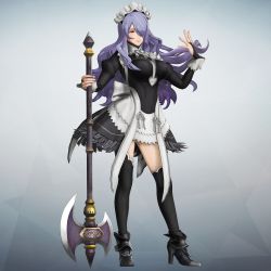 Rule 34 | 1girl, 3d, apron, axe, breasts, camilla (fire emblem), fire emblem, fire emblem fates, fire emblem warriors, full body, hair over one eye, large breasts, lips, long hair, maid, maid apron, maid headdress, nintendo, official art, ponytail, purple eyes, purple hair, smile, solo, tiara, very long hair, wavy hair, weapon