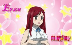 Rule 34 | 1girl, blush, grabbing another&#039;s breast, breast hold, breasts, brown eyes, erza scarlet, fairy tail, female focus, grabbing, highres, long hair, pink background, red hair, shirt, sleeveless, solo, star (symbol), white shirt