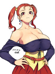 Rule 34 | 1girl, armpits, bare shoulders, belt, breasts, cleavage, closed mouth, corset, covered erect nipples, dated, dragon quest, dragon quest viii, dress, earrings, hand on own hip, hands on own hips, huge breasts, jessica albert, jewelry, large breasts, long hair, looking at viewer, off-shoulder dress, off shoulder, orange hair, pouch, purple shirt, red eyes, red hair, red skirt, shirt, simple background, skirt, smile, solo, strapless, tsukudani (coke-buta), twintails, white background
