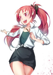 Rule 34 | 10s, 1girl, absurdres, fang, food, highres, mahou shoujo madoka magica, mahou shoujo madoka magica (anime), pg (pgouwoderen), pocky, ponytail, red eyes, red hair, sakura kyoko, shirt, sketch, skirt, sleeves rolled up, smile, solo, tied shirt