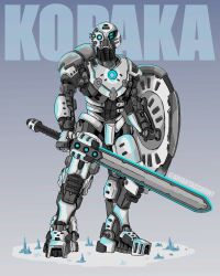 Rule 34 | ariartaccount, arm shield, bionicle, blue eyes, character name, commentary, english commentary, glowing, highres, holding, holding sword, holding weapon, humanoid robot, kopaka (bionicle), looking at viewer, redesign, robot, science fiction, snow, standing, sword, the lego group, twitter username, weapon