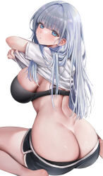 Rule 34 | 1girl, absurdres, ass, barefoot, black bra, blue eyes, blush, bra, breasts, closed mouth, from behind, gompang 11, grey hair, highres, large breasts, long hair, looking at viewer, looking back, original, shirt, solo, thighs, underwear, undressing, white background, white shirt