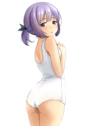 Rule 34 | 1girl, ass, backless swimsuit, bare arms, bare shoulders, black ribbon, blush, commentary request, hair ribbon, hands up, highres, looking at viewer, looking back, one-piece swimsuit, original, parted lips, purple eyes, purple hair, ribbon, school swimsuit, shibacha, sidelocks, simple background, solo, swimsuit, twintails, wedgie, white background, white one-piece swimsuit
