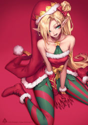 Rule 34 | 1girl, :d, alternate costume, ambitious elf jinx, artist logo, asymmetrical gloves, bare shoulders, blonde hair, boots, bow, christmas, collarbone, dress, freckles, fur-trimmed boots, fur-trimmed dress, fur-trimmed gloves, fur-trimmed headwear, fur trim, gloves, green eyes, hair bow, hair over one eye, hat, highres, jinx (league of legends), league of legends, long hair, looking at viewer, mismatched gloves, oopartz yang, open mouth, pantyhose, patreon username, pointy ears, pom pom (clothes), red background, red bow, red dress, red footwear, red gloves, red hat, santa costume, side ponytail, simple background, sitting, smile, solo, star (symbol), strapless, strapless dress, striped clothes, striped pantyhose, wariza