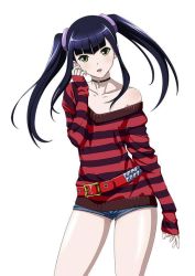 Rule 34 | 00s, 1girl, bare legs, black hair, casual, collarbone, female focus, green eyes, hair ornament, ikkitousen, jpeg artifacts, long hair, looking at viewer, off shoulder, official art, saji genpou (true), shirt, short shorts, shorts, simple background, solo, striped clothes, striped shirt, twintails, white background, yellow eyes