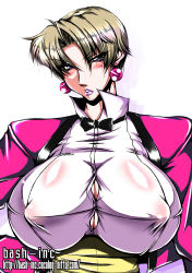 Rule 34 | 1girl, bash-inc, blush, breasts, covered erect nipples, earrings, jewelry, king (snk), large breasts, necktie, ryuuko no ken, short hair, snk, straining buttons, the king of fighters