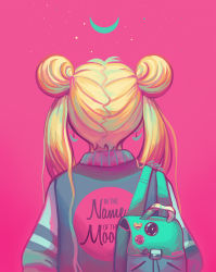 Rule 34 | 1girl, alternate costume, backpack, bag, bishoujo senshi sailor moon, blonde hair, casual, crescent, crescent earrings, crescent moon, double bun, earrings, english text, from behind, geneva b, hair bun, jacket, jewelry, moon, pin, pink background, signature, simple background, solo, tsukino usagi, twintails, upper body