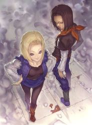 Rule 34 | 1boy, 1girl, android, android 17, android 18, blonde hair, blue eyes, boots, brother and sister, brown hair, collarbone, dragon ball, dragonball z, highres, katsutake, looking back, pantyhose, pencil skirt, short hair, siblings, skirt, white eyes