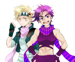 Rule 34 | 2boys, :d, bad id, bad pixiv id, battle tendency, belt, blonde hair, caesar anthonio zeppeli, crop top, cropped jacket, facial mark, feather hair ornament, feathers, fingerless gloves, gloves, green eyes, green jacket, hair ornament, hands on own hips, head wings, headband, jacket, jojo no kimyou na bouken, joseph joestar, joseph joestar (young), male focus, midriff, multiple boys, open mouth, purple eyes, purple hair, s gentian, scarf, shirt, simple background, smile, striped clothes, striped scarf, white shirt, wings