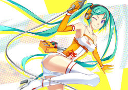 Rule 34 | 1girl, blue eyes, boots, breasts, cleavage, elbow gloves, gloves, goodsmile company, green hair, hatsune miku, headphones, high heel boots, high heels, ike masato, long hair, medium breasts, one eye closed, shoes, smile, solo, thigh boots, thighhighs, tools, twintails, very long hair, vocaloid, wink