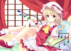 Rule 34 | 1girl, ajiriko, ascot, bed, blonde hair, bloomers, bobby socks, canopy bed, cup, dress, flandre scarlet, hat, mary janes, mob cap, pillow, puffy short sleeves, puffy sleeves, red dress, red eyes, shirt, shoes, short sleeves, side ponytail, smile, socks, solo, teacup, touhou, underwear, wings, wrist cuffs