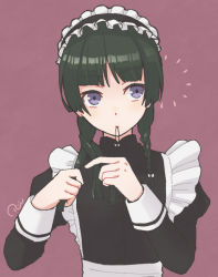Rule 34 | 1girl, alternate costume, apron, bow, braiding hair, contemporary, frills, green hair, hair bow, hair half undone, hair tie in mouth, hairdressing, hands up, holding, holding hair, juliet sleeves, kusuriya no hitorigoto, long hair, long sleeves, looking afar, maid apron, maid headdress, maomao (kusuriya no hitorigoto), mouth hold, puffy sleeves, purple eyes, ruei (chicking), sash, sidelocks, sideways glance, simple background, solo, twintails, upper body, white bow