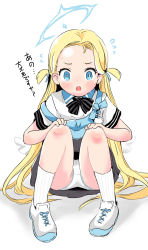 Rule 34 | 1girl, :o, apron, black skirt, blonde hair, blue apron, blue archive, blue eyes, blush, bow, collared shirt, commentary request, flying sweatdrops, forehead, full body, halo, highres, knees up, lemon pan, long hair, open mouth, panties, ribbed legwear, shadow, shirt, shoes, short sleeves, simple background, skirt, socks, solo, sora (blue archive), squatting, strap slip, striped, striped bow, translation request, two side up, underwear, very long hair, white background, white footwear, white panties, white shirt, white socks