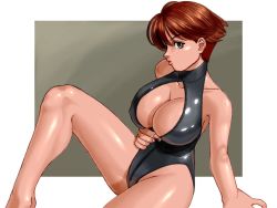 Rule 34 | 1girl, bare shoulders, breasts, brown eyes, brown hair, female focus, front zipper swimsuit, highres, large breasts, looking at viewer, meme attire, nokaze koyama, one-piece swimsuit, original, parted lips, shiny clothes, short hair, solo, swimsuit