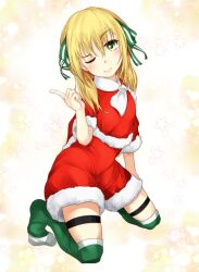Rule 34 | 1girl, black straps, blonde hair, blush, christmas, closed mouth, commentary request, estelle rosenthal, fur-trimmed shorts, fur trim, green eyes, green thighhighs, hair between eyes, hand up, head tilt, kneeling, long bangs, long hair, looking at viewer, one eye closed, red shorts, santa costume, shin (highest1192), shorts, smile, solo, star (symbol), starry background, thigh strap, thighhighs, toaru kagaku no accelerator, toaru majutsu no index