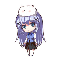 Rule 34 | 1girl, :3, angora rabbit, animal, animal on head, black skirt, blue bow, blue bowtie, blue eyes, blue footwear, blue hair, blue vest, blush, bow, bowtie, buttons, closed mouth, collared shirt, commentary request, full body, gochuumon wa usagi desu ka?, highres, kafuu chino, light blue hair, long sleeves, looking at viewer, nenko, on head, puckered lips, rabbit, rabbit house uniform, rabbit on head, shirt, shoes, sidelocks, simple background, skirt, standing, thighhighs, tippy (gochiusa), vest, white background, white shirt, white thighhighs, wing collar