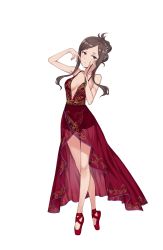 Rule 34 | 1girl, ballet slippers, breasts, brown hair, cleavage, dorothy (princess principal), dress, full body, hair bun, hair ornament, hand up, highres, long hair, looking at viewer, medium breasts, official art, plantar flexion, princess principal, princess principal game of mission, purple eyes, red dress, red footwear, see-through, single hair bun, solo, standing, tiptoes, transparent background