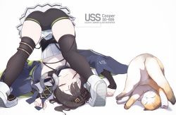 Rule 34 | 1girl, :3, abae, animal, ass, azur lane, black hair, black shorts, black sleeves, black thighhighs, blue capelet, blue collar, blush, breasts, capelet, cat, character name, closed eyes, clothes writing, collar, commentary, cooper (azur lane), detached sleeves, dress, eyebrows hidden by hair, full body, hachimaki, hair between eyes, hair intakes, headband, highres, o-ring collar, off shoulder, pleated skirt, shadow, shoes, short hair, shorts, shorts under skirt, sidelocks, simple background, skirt, sleeping, sleeves past wrists, small breasts, smile, solo focus, strapless, strapless dress, thigh strap, thighhighs, upside-down, whiskers, white background, white dress, white footwear