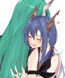 Rule 34 | 2girls, ;o, arknights, bare shoulders, blue hair, blush, ch&#039;en (arknights), crying, dragon horns, flying sweatdrops, green hair, heart, highres, horns, hoshiguma (arknights), hug, long hair, low twintails, motion lines, multiple girls, one eye closed, open mouth, shirt, simple background, single horn, skin-covered horns, sleeveless, sleeveless shirt, solo focus, tears, tsuyuki yuki, twintails, upper body, very long hair, white background, white shirt, yuri