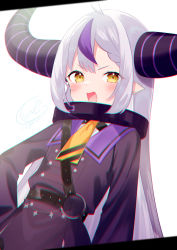Rule 34 | 1girl, :d, ahoge, black dress, blush, braid, braided bangs, brown eyes, chromatic aberration, commentary request, demon horns, dress, fang, grey hair, hand on own hip, highres, hololive, horns, la+ darknesss, long hair, long sleeves, looking at viewer, multicolored hair, open mouth, pointy ears, purple hair, segawa luna, signature, sleeves past fingers, sleeves past wrists, smile, solo, streaked hair, v-shaped eyebrows, very long hair, virtual youtuber, white background