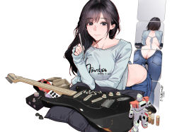 Rule 34 | 1girl, artist name, ass, backless outfit, black eyes, black hair, blurry, butt crack, chinese commentary, clueless, cosmetics, denim, depth of field, electric guitar, fender (company), fender stratocaster, guitar, guitar little sister (hitomi o), gundam, gunpla, highres, hitomi o, holding, holding pen, instrument, jeans, leaning forward, lipstick tube, long hair, long sleeves, looking at viewer, mirror, model kit, no bra, no panties, open fly, original, pants, pen, pillow, reflection, shirt, simple background, sleeves past wrists, smile, solo, t-shirt, translation request, unzipped, wardrobe error, white background, zipper, zipper pull tab