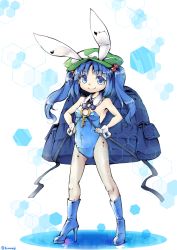 Rule 34 | 1girl, adapted costume, animal ears, backpack, bag, blue eyes, blue hair, boots, bow, bowtie, downagi, hair bobbles, hair ornament, hat, high heel boots, high heels, kawashiro nitori, key, leotard, long hair, matching hair/eyes, playboy bunny, rabbit ears, rubber boots, solo, touhou, twintails, twitter username, two side up, wrist cuffs