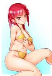 Rule 34 | 1girl, :t, bikini, blush, breasts, gradient background, groin, looking at viewer, magi the labyrinth of magic, morgiana, navel, onsoku inu, pout, red eyes, red hair, sitting, sketch, solo, swimsuit, underboob, yellow bikini
