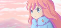 Rule 34 | 1girl, blue eyes, blue jacket, blush, celeste (video game), closed mouth, cloud, coat, down jacket, highres, jacket, light smile, long hair, looking at viewer, madeline (celeste), mountain, mountainous horizon, orange hair, outdoors, pink background, pink sky, portrait, sky, smile, solo, strawberry brooch, tiyalinaria, winter clothes, winter coat