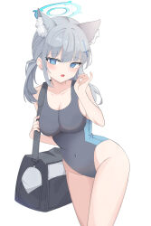 Rule 34 | 1girl, absurdres, animal ear fluff, animal ears, black bag, black one-piece swimsuit, blue archive, blue eyes, blue halo, blush, breasts, cleavage, collarbone, competition swimsuit, covered navel, cowboy shot, cross hair ornament, earrings, extra ears, grey hair, groin, hair between eyes, hair ornament, halo, highres, holding strap, jewelry, large breasts, looking at viewer, medium hair, official alternate costume, one-piece swimsuit, open mouth, ponytail, shiroko (blue archive), shiroko (swimsuit) (blue archive), sideboob, simple background, sisong, solo, strap, stud earrings, swimsuit, white background, wolf ears