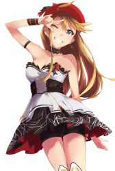 Rule 34 | 1girl, ahoge, arm up, armband, bad id, bad twitter id, bare shoulders, bike shorts, black choker, black shorts, choker, collarbone, corset, dress, earrings, grin, hat, heart, highres, idolmaster, idolmaster million live!, jewelry, lace, lace choker, light brown hair, long hair, looking at viewer, m/, one eye closed, purple eyes, red hat, shorts, shorts under dress, simple background, smile, solo, strapless, strapless dress, tokoro megumi, white background, wristband, yoshito
