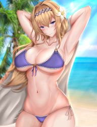 Rule 34 | 1girl, armpits, arms behind head, bare shoulders, beach, bikini, blonde hair, blue eyes, blush, breasts, cleavage, day, flower, granblue fantasy, hair flower, hair ornament, hairband, highres, isawo (lucanus19), jeanne d&#039;arc (granblue fantasy), large breasts, long hair, looking at viewer, navel, palm tree, sand, solo, stomach, swimsuit, tree, water