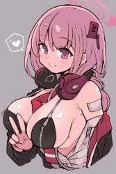 Rule 34 | 1girl, between breasts, bikini, black bikini, blue archive, blush, breasts, cleavage, cropped torso, eimi (blue archive), es (eisis), grey background, halo, headphones, headphones around neck, heart, highres, large breasts, long hair, long sleeves, looking at viewer, necktie, necktie between breasts, open clothes, partially unbuttoned, pink eyes, pink hair, red necktie, shirt, simple background, smile, solo, spoken heart, swimsuit, upper body, v, white shirt, zipper, zipper pull tab