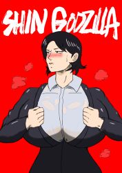 Rule 34 | black eyes, black hair, blush, breasts, business suit, formal, freckles, godzilla (series), highres, huge breasts, logo, looking to the side, ogashira hiromi, open clothes, open shirt, red background, see-through, shin godzilla, shirt, short hair, simple background, steam, suit, sweat, sweatdrop, wet, wet clothes, wet shirt